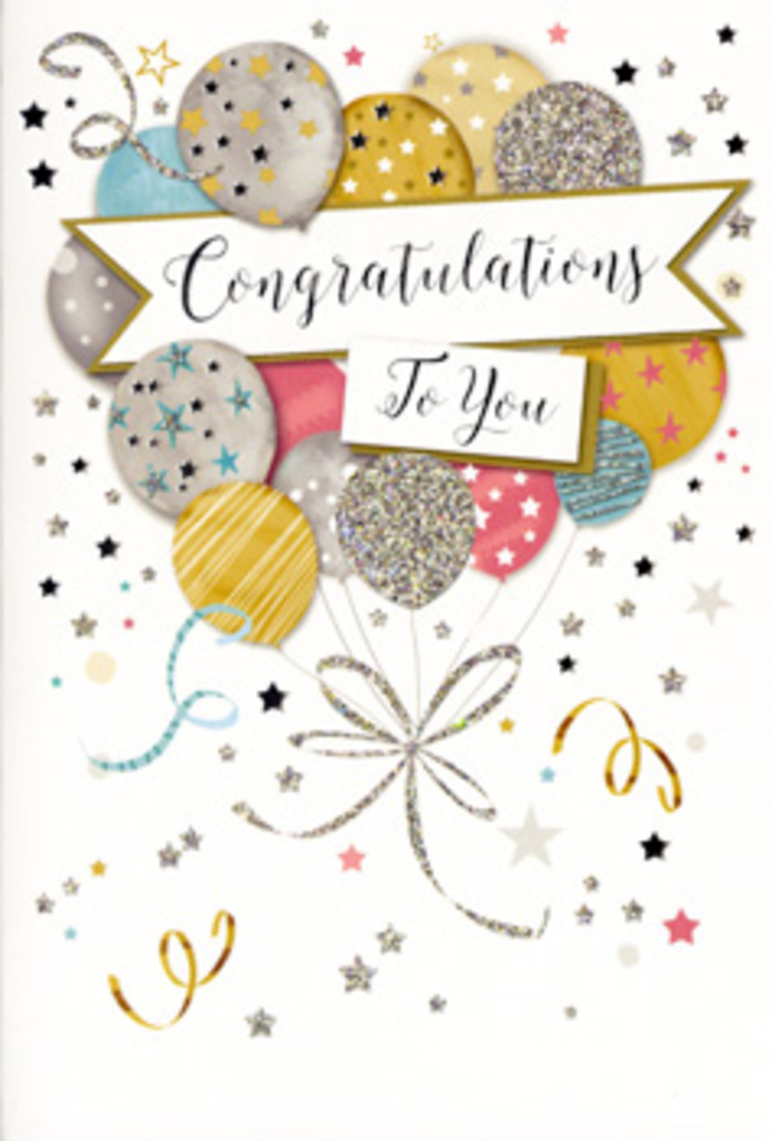 The congratulations card pictured here feels like a refined celebration captured in stillness, the kind of design a florist in Rickmansworth might pair with a beautifully arranged vase of flowers for a special milestone. At the centre of the artwork, an airy cluster of balloons drifts upward, their rounded forms layered in a gentle, almost three-dimensional way. Each balloon is finished in harmonious shades of metallic gold and silver, soft champagne, muted sky blue, blush pink, and quiet dove grey. Some surfaces are scattered with tiny twinkling stars, others are finished with fine glitter that appears to shimmer, and a few are wrapped with understated stripes, giving every balloon its own personality while still feeling like part of the same celebration. Slender ribbons, drawn in graceful lines of gleaming gold and silver, fall from the base of the bouquet, curling as if stirred by a light breeze wandering down Church Street on a summer afternoon. Around the balloon cluster, small metallic stars, swirling confetti, and delicate loops float across a pale, almost velvety background, reminiscent of the soft light that filters through windows in our Rickmansworth homes. A gently curved banner unfurls across the middle, carrying the words Congratulations To You in elegant, flowing script that suggests warmth and genuine admiration. The overall palette is calm yet festive, with shimmering details that add sophistication without overwhelming the eye. You can almost feel the contrast between the smooth card stock and the slightly raised, grainy glitter under your fingertips. It's the sort of design Flowers Rickmansworth would recommend to accompany a bouquet celebrating a new job, exam success, a promotion, or any proud achievement, offering a graceful way to say how delighted you are by someone's success.