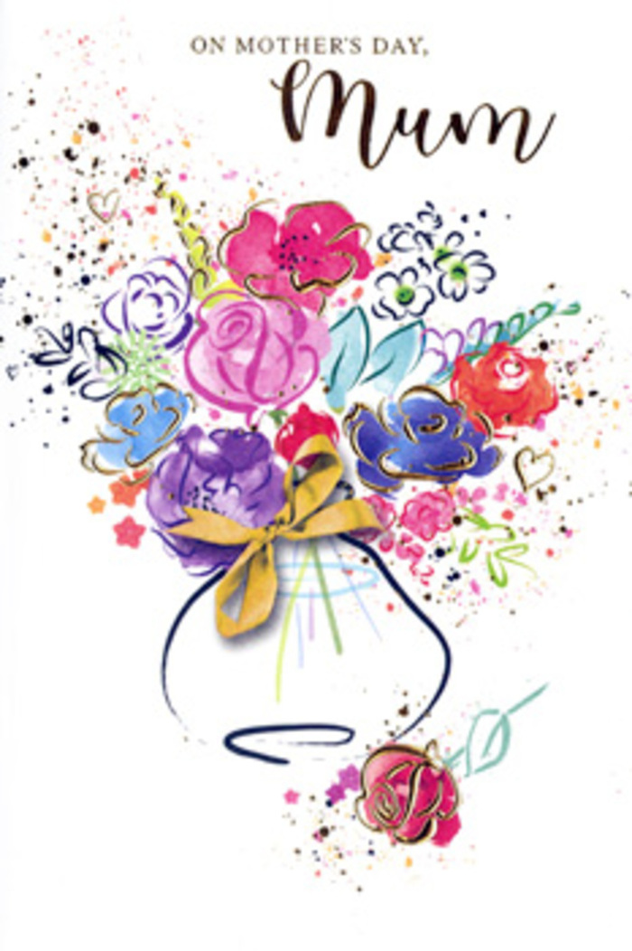 Expressive Mother's Day card design showing a lively, abstract bouquet, painted as if in a single inspired sitting by a florist who knows the seasonal rhythms of Rickmansworth's parks and gardens. The flowers appear as loose, generous brushstrokes rather than tightly detailed petals, yet each bloom is instantly readable as part of a joyful arrangement. At the core are colourful rounds and ovals of hot pink, rose, and raspberry tones, fading at their edges into peach and apricot where the watercolour has spread, suggesting blossoms at different stages of opening. Indigos and violets weave through the cluster as both outlines and shadows, giving depth and a gentle sense of movement, like a bouquet swaying slightly as it is carried down a High Street pavement. Threads of bright chartreuse and softer sage green flick outwards to imply leaves and stems, while tiny dots of mustard and pale gold nestle between them, mimicking pollen and the shimmer of decorative accents a local florist might add. Over selected petals and leaves, precise golden ink strokes create an elegant, metallic halo effect, as though the bouquet is lit from within by the warmth of a mother's embrace. The flowers rise from a simple, stylised vase, depicted with layered washes of muted blue and lilac that hint at glass without heavy detailing, finished with a small suggestion of a bow near the base to evoke careful presentation. All around, small specks of colour and soft heart motifs hover against the crisp white card, hinting at laughter, shared stories, and the affectionate chaos of family life. The overall effect is of a painterly, heartfelt tribute, a paper bouquet that feels both modern and timeless for Mother's Day in Rickmansworth.