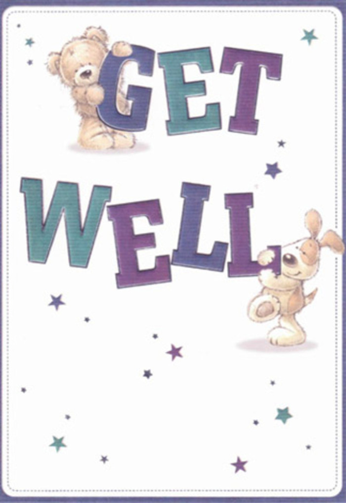 A true celebration of encouragement, this get well card captures heartfelt care through friendly illustrations-a chubby bear and a floppy-eared puppy are centre stage, radiating optimism like familiar faces seen while strolling through Rickmansworth town centre. Playful stars in enchanting blues, purples, and delicate aquas appear to drift gently across a soft white background, carrying good wishes much like petals caught by the breeze over the Aquadrome. The typography is big, lively, and brimming with confidence: bold purple and teal letters ground the design, conjuring the delight of a well-crafted floral arrangement you might receive from a thoughtful delivery on Uxbridge Road. Textures leap from the image-the bear's plush, inviting fluff and the puppy's velvety ears are rendered with such detail you can almost sense their soothing touch. Every element here is composed with the same care and joyful spirit that local florists infuse into get well bouquets; there's a tactile quality to the artwork, a subtle reminder that comfort can come in many forms. Sending this card alongside a fresh bouquet from a Rickmansworth florist creates a double gesture of positivity-radiating encouragement and genuine care. The design's light, airy mood is an ideal antidote to difficult days, perfect for anyone-from a young patient in Croxley Green to a friend recovering on Nightingale Road-who could use a lift.