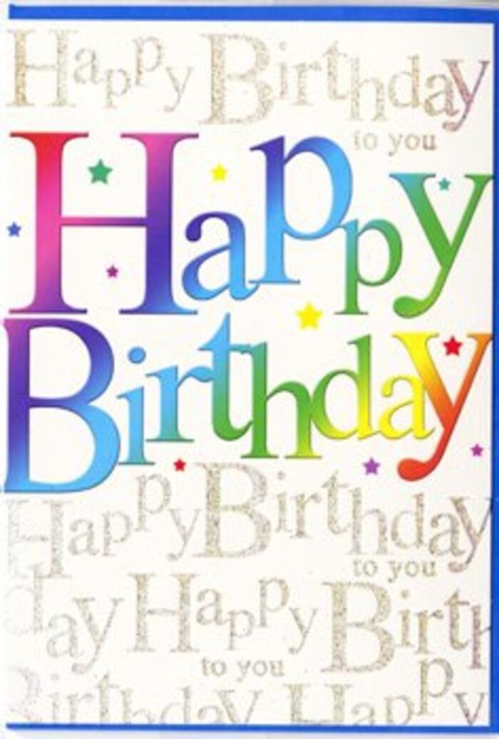 The photograph captures a stylish birthday card laid flat, its design bursting with colour like a carefully composed arrangement ready to leave a Rickmansworth flower shop. Across the middle, the main message Happy Birthday stretches in tall, friendly letters, each one cloaked in a smooth gradient that moves through the rainbow-starting in rich crimson and coral, drifting into mellow golden tones, then shifting into cool greens, bright turquoises, deep sapphire and lilac. The colours are vivid yet softened at the edges, reminiscent of watercolour pigments or the gentle blending of petals in a mixed bouquet displayed near the Rickmansworth Aquadrome. Layered behind this eye-catching phrase, the entire background is filled with repeating lines of Happy Birthday to you written in a fine, golden cursive script. The letters weave gracefully around one another, forming a shimmering tapestry that gives depth and texture without overwhelming the central text. In certain places, the metallic ink sparkles as if lightly dusted with glitter, catching imaginary light the way sunshine touches leaves along the canal paths. Small, scattered accents-tiny star shapes and confetti-like dots in coordinating colours-add to the sense of motion and festivity, like the last toss of party confetti at a gathering in a home off Nightingale Road. The card stock looks smooth and slightly glossy to the touch, sturdy enough to stand proudly on a mantelpiece beside a fresh arrangement delivered from Flowers Rickmansworth. Altogether, the design feels modern, upbeat and sincere, conveying birthday joy with both bold colour and refined golden detail.