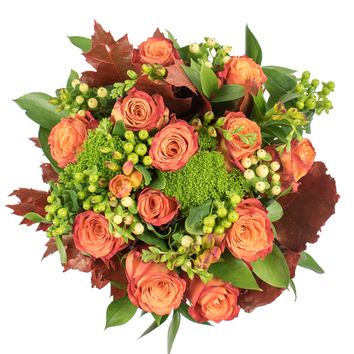 Presented in a circular, top-down composition against a crisp white backdrop, this lush autumn bouquet captures the richness of the season with deliberate layering and natural movement. At its centre the roses dominate-blooming in soft peach and vibrant orange with petal edges stained a warm, reddish-rust that suggests the first chill of fall. These classic garden roses are woven together with clusters of Hypericum berries: some luminous lime green, others a pale buttery yellow, their firms skins offering contrast and a bright, peppery note within the palette. Intermittent mounds of Green Trick dianthus bring a verdant, almost mossy texture, dense and tactile, which offsets the roses' smooth, velvety petals. Broad, glossy greens form an abundant foundation, while larger lobed leaves in deep crimson and burnt umber are placed like autumn leaves gathered from a walk through the Aquadrome, adding dramatic depth and seasonal authenticity. The composition is tightly arranged yet airy where it needs to breathe, allowing light to catch the varied surfaces and cast soft shadows that emphasize the bouquet's round silhouette. The overall effect is warm and inviting, a sensory mix of soft floral perfume, faint green earthiness, and the visual comfort of harvest colours. Ideal as a Thanksgiving centrepiece, a thoughtful gift for a friend in Chorleywood, or an autumnal accent for a mantlepiece, this arrangement reads as both sophisticated and homey-an expert seasonal expression crafted for homes across Rickmansworth and its neighbouring villages.