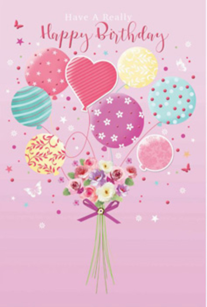 This birthday image feels like a little party in the sky above Rickmansworth, where flowers and balloons come together in a gentle, floating celebration. The background is a soft, comforting pink, as soothing as early morning light along the Ebury Way, and from its centre rises a graceful cluster of pastel balloons. Each balloon has been given a distinct character: some are brushed with delicate ribbon-like stripes that spiral upward, others are sprinkled with playful polka dots, and one or two may carry subtle floral motifs, echoing the bouquet they appear to lift. Hues of blush, sea green, lavender, lemon, and pale fuchsia blend together without harsh edges, creating a dreamy, cloud-like effect. At the base of this airy arrangement sits a hand-tied bouquet of fresh flowers-petite roses and daisy-style blooms with velvet-soft petals shaded from cream through soft pink to deeper rose, as though touched by the first rays of sunshine. Imagined butterflies flutter nearby, and tiny stars seem to sparkle around the design, giving the impression of a garden party frozen in a perfect birthday moment. A shining purple ribbon secures the stems, the bow's satin loops reflecting the same gentle light that plays across the balloons. The whole composition feels thoughtfully crafted, as if by an experienced Rickmansworth florist who understands how to capture happiness, nostalgia, and love in one celebratory design, ready for a birthday greeting that feels truly special and deeply personal.