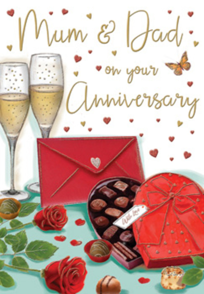 The anniversary card artwork presents a warm, romantic tableau, as if frozen at the moment just before an intimate toast in a Rickmansworth home. At the centre, two slender champagne glasses rise gracefully from the table, filled almost to the brim with effervescent golden champagne. Each flute is drawn with careful attention to detail, the glass catching highlights and reflections that suggest a soft, ambient glow, similar to candlelight on a quiet evening near the Grand Union Canal. Between and around the glasses float small hearts in tones of gold and deep crimson, giving the impression of emotion literally lighting up the air. Below, resting on the tabletop, are two exquisite red roses with generously layered petals that look almost touchable. Their rich colour contrasts beautifully with the surrounding greenery, the leaves curving naturally as though arranged by a skilled florist with an eye for balance and texture. To the side, a heart-shaped box of chocolates becomes a focal point of indulgence, its red lid tied with a broad, silky bow that suggests care and ceremony. The box is open, revealing a tempting selection of neatly placed chocolates, while a few pieces have been thoughtfully set around it, inviting sharing and unhurried conversation. A bright red envelope lies nearby, sealed and angled just enough to draw the eye, hinting at a personal message written especially for Mum and Dad. Above the entire scene, the message is hand-lettered with warmth, surrounded by a scatter of decorative hearts that echo the celebration theme. The colour palette is dominated by rich reds, warm golds, and gentle neutrals, evoking the comfort of a long, loving partnership. It's the kind of card that would feel perfectly at home in a Rickmansworth living room, marking another year of shared stories and steady devotion.
