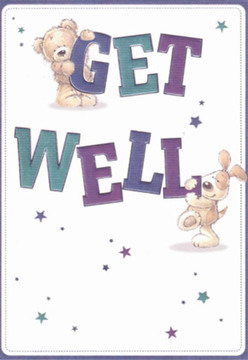 This enchanting get well card, perfect for brightening a bedside in Rickmansworth, instantly offers solace through its comforting artwork. Featured are a cuddly teddy bear, gently perched atop the prominent word 'GET,' and a joyful puppy with velvety ears, nuzzling close to the grounded 'WELL' below. Their soft, expressive features evoke the nurturing warmth often found in a hand-tied bouquet arranged with care on a Market Place morning. Deep purples and tranquil teals grace the large, playful letters, creating lively contrast against a luminous cream-white backdrop that calls to mind the clarity of early sunlight streaming over Batchworth Lock. Stars, scattered in varying shades of blue and lavender, shimmer with a quiet optimism, infusing the scene with a sense of magical possibility that carries across Rickmansworth's green spaces. The animals' fur looks inviting enough to touch, as if promising the same comfort as a freshly delivered bouquet from a local florist. The entire composition is imbued with a gentle, sincere energy designed to support recovery, soothe worries, and bring a tender smile. Each detail, from the hand-rendered textures to the uplifting palette, speaks to the thoughtful artistry akin to a florist arranging stems just so for a loved one on Ebury Road. This card, much like a beautiful bouquet brought to a neighbour's door, celebrates the healing power of care, presence, and heartfelt wishes.
