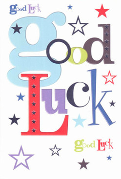 A vibrant good luck card from Flowers Rickmansworth, perfect for sending encouragement across Rickmansworth and its leafy neighborhoods, glows with purposeful charm and modern design. The card's bold, oversized 'g' in baby blue draws the eye immediately, its rounded form balancing the assertive, deeper hues surrounding it: a lively interplay of red, purple, moss green, and hints of golden yellow. Against the crisp white backdrop, scattered stars dance in various sizes-inky indigo, sky blue, soft lilac-each one reminiscent of the night sky glimpsed above the Colne Valley after dusk. The mixture of fonts, from playful curls to structured bolds, gives a sense of movement and energy, infusing the message with both joy and gravity. Beneath your fingertips, the card feels pleasingly smooth yet substantial, the slightly embossed ink and premium cardstock mirroring the quality you'd expect from a locally crafted arrangement. The overall mood is one of anticipation and unwavering support, like the buzz before a big exam at a nearby school or the shared hopefulness on the High Street. Perfectly suited to moments of transition, this good luck card becomes a messenger of possibility, as though the written words themselves promise opportunities ahead-shared across Rickmansworth with the care and pride local florists bring to every delivery.