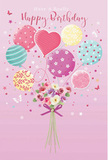 A whimsical birthday scene unfolds like a cheerful delivery arriving in Rickmansworth, where art and floristry meet on a soft pink canvas. A bouquet of pastel balloons floats upward with an easy, joyful energy, their rounded shapes gently overlapping like clouds drifting above the rooftops near Rickmansworth High Street. Each balloon carries a different decorative touch-some curl with candy-striped ribbons of colour, others sparkle with playful polka dots, and one heart-shaped balloon glows at the centre, radiating affection and birthday love. The colours-gentle pinks, sea greens, creamy yellows, and touches of lilac-merge seamlessly, their light tones echoing the delicate blossoms gathered below. At the base, a hand-tied bouquet brims with roses and anemone-like flowers in ivory, blush, and soft mauve, their petals appearing feathery and tender, as if freshly arranged in a local shop just moments before being gifted. A violet satin bow gathers the stems, its sheen catching the same soft light that highlights the balloons above. Around the arrangement, tiny stars and dainty butterflies give the impression of a magical birthday wish taking flight. The composition feels airy and uplifting, like a spring morning walk by the Grand Union Canal, capturing the essence of a birthday filled with warmth, sweetness, and heartfelt celebration-an image that mirrors the thoughtful care of a Rickmansworth florist who loves to make special days unforgettable.