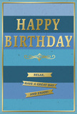 In this image, a beautifully composed birthday card is shown front-on, allowing every detail of its blue and gold design to be clearly seen. The background is built from wide, horizontal bars of blue, moving gradually from deep, dusk-like navy at the base through mid-tones of ocean and teal to a paler, airy blue near the top. The arrangement of colours creates depth and calm, reminiscent of the layered horizon you might notice on an evening walk by the Grand Union Canal in Rickmansworth. Across the center, the phrase HAPPY BIRTHDAY is stamped in prominent gold letters, each capital neatly embossed so that it stands slightly proud of the surface. The metallic gold has a warm, brushed quality, catching highlights rather than glaring, and it forms the visual anchor of the design. Beneath this main greeting, a small yet intricate gold flourish spreads gracefully, like a decorative underline. Below the flourish, three little golden banners rest one above another. Each banner carries a short, encouraging message: Relax, have a great day, and enjoy! The text is simple and friendly, spaced with care. A narrow strip of gold forms a border all the way around the card, keeping the eye focused within the tranquil field of blues. The card stock itself appears thick and smooth, likely with a soft matte finish, while the gold areas are embossed and slightly glossy to the touch. You can easily picture this card standing beside a vase of fresh birthday flowers delivered to a home near the High Street, its serene colours and gentle sparkle bringing quiet joy to a special moment.