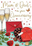This illustrated anniversary card for Mum and Dad captures the essence of a heartfelt family celebration, the sort of scene you might picture after a relaxed dinner at home in Rickmansworth. The main focus is a pair of tall, elegant champagne flutes standing side by side, filled with golden, fizzing bubbles that give the impression of movement and life. Soft highlights along the glass make them glow as though catching the last light of a cosy evening. Just below, two velvety red roses lie gently on the table, their petals rich and full, each layer curling softly outward. The deep crimson blooms are framed by fresh green leaves, suggesting the careful eye of a florist who understands how to balance colour and texture. Next to the roses rests a heart-shaped box of chocolates, wrapped in a luscious red bow that arcs dramatically across the lid. The box is open, revealing an inviting arrangement of chocolates, with a few pieces scattered nearby in a way that feels natural and unhurried, like treats shared between parents reminiscing about their years together. A bright scarlet envelope is placed close at hand, closed but prominent, hinting at a loving, handwritten message meant just for them. Around the composition, tiny hearts in ruby and shimmering gold drift softly, framing the hand-lettered dedication and imbuing the card with joy and warmth. The background is suffused with gentle, glowing tones that suggest lamplight in a comfortable Rickmansworth home, perhaps near the High Street or overlooking the canal. Altogether, the imagery conveys enduring affection, quiet celebration, and the simple pleasure of marking another anniversary with roses, champagne, and shared memories.
